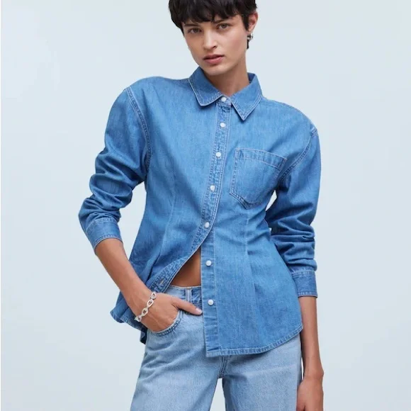 Madewell Chambray Denim Darted Button-Up Long Sleeve Shirt XS - Picture 3 of 11